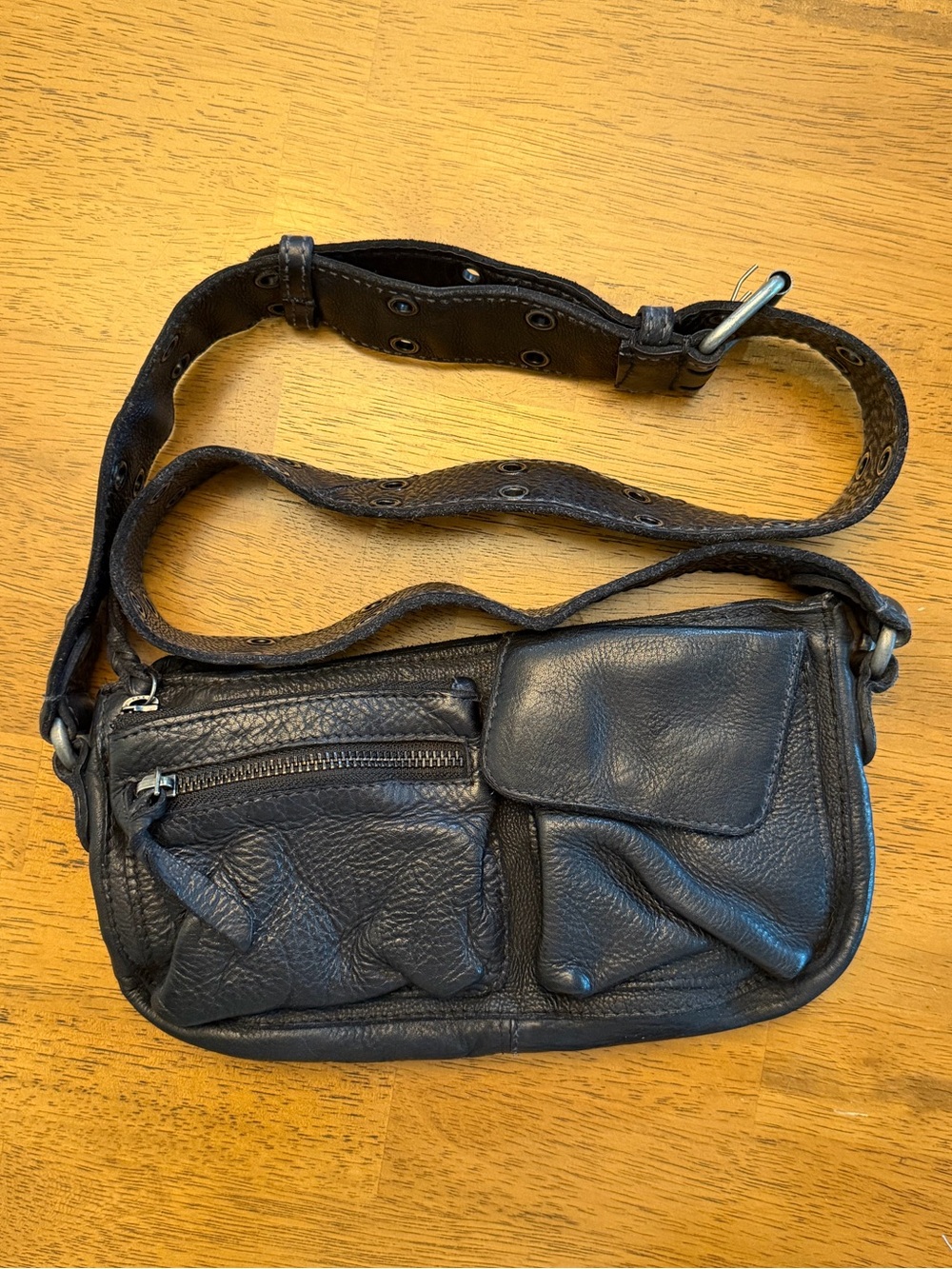 Free People Black Genuine Leather Crossbody Shoulder Bag Grommet Strap Boho